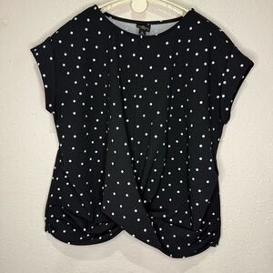 Worthington Polka Dot Top Cap Sleeve Faux Knot Black & White Women’s Petite Lg